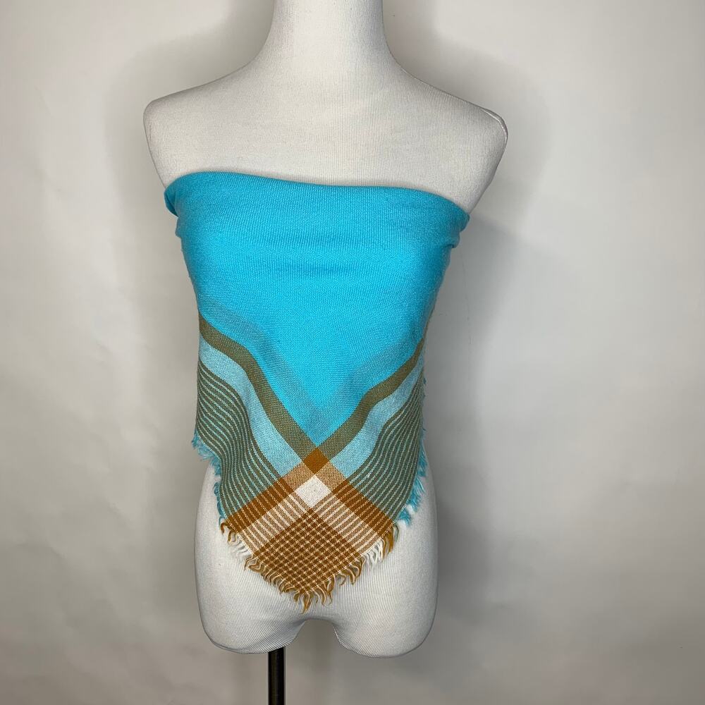 Aqua Tan Camel Plaid  Square Scarf Fringe 26"